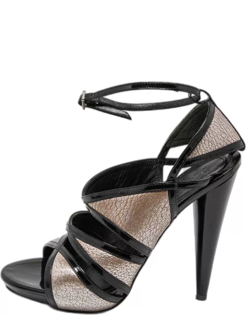 Alexander McQueen Black/Silver Leather and Patent Ankle Strap Sandal