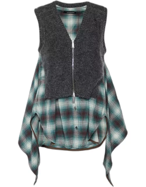 Dsquared2 Green Checkered Cotton & Knit Overlay Sleeveless Shirt