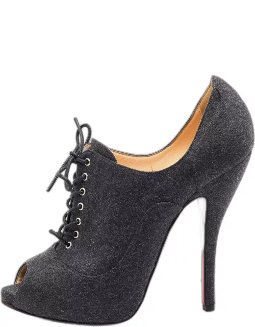 Christian Louboutin Grey Felt Fabric Flannel Lady Peep Toe Lace Up Oxford Bootie