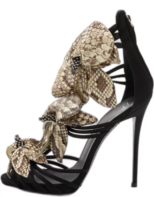 Giuseppe Zanotti Black/Beige Satin and Python Leather Flower Applique Ankle Strap Sandal