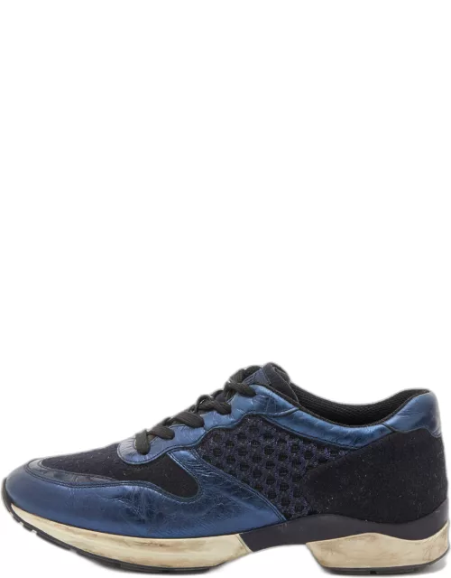 Tod's Navy Blue/Black Leather and Mesh Low Top Sneaker