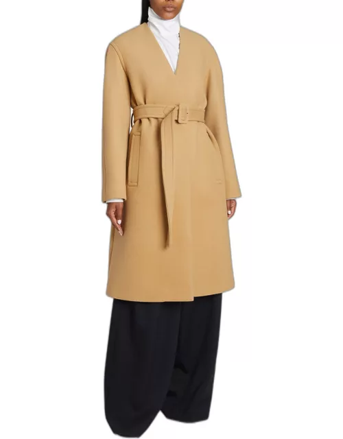 Collarless Belted Wool-Blend Coat