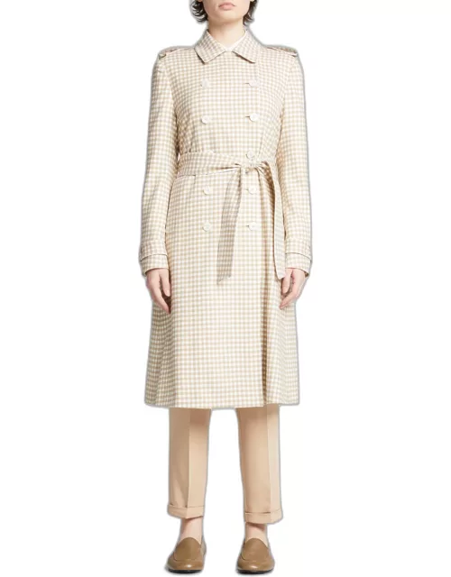 Gingham Double-Breast Belted Trench Coat