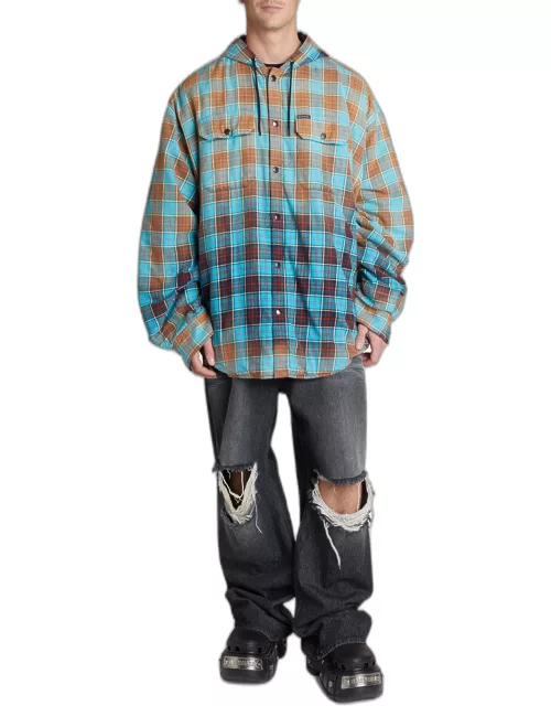 Men's Bleached Plaid Flannel Hooded Shirt Jacket