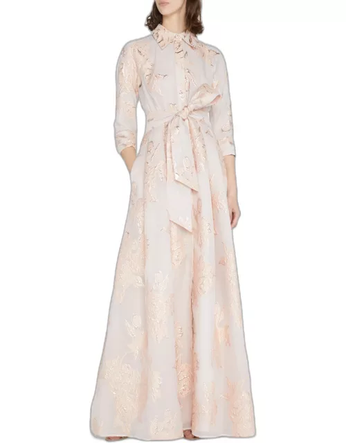 Belted Jacquard Shirtdress Gown