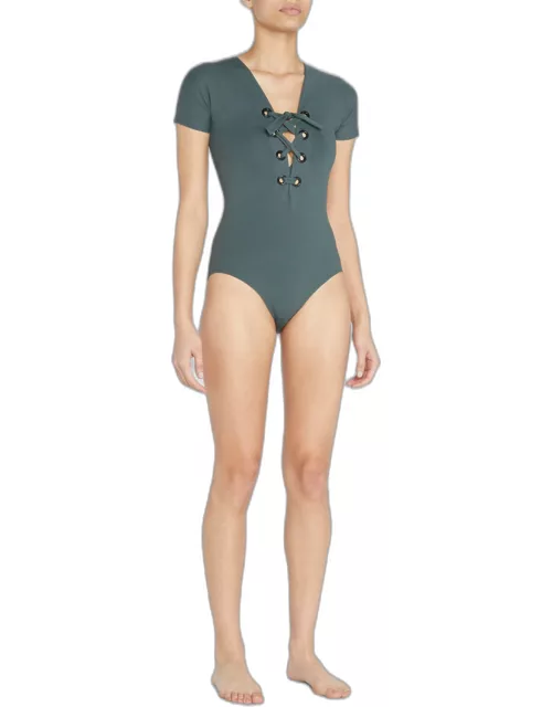 Melie Lace-Up Short-Sleeve One-Piece Swimsuit