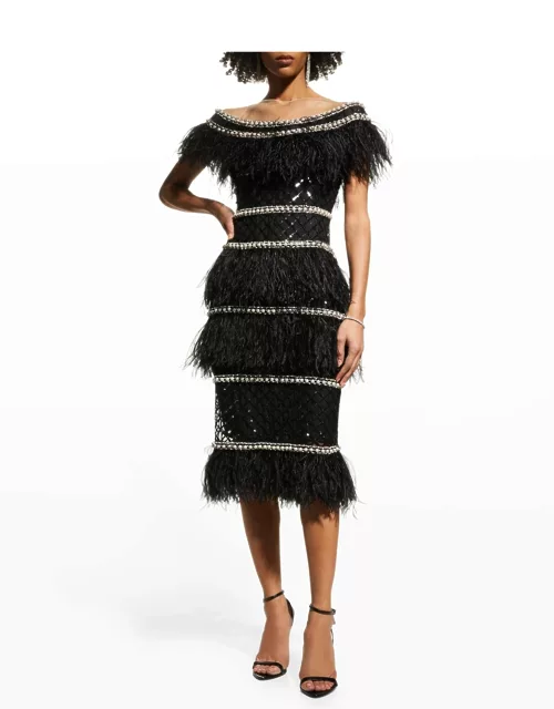 Beaded Off-The-Shoulder Illusion Midi Dress w/ Feather Tri