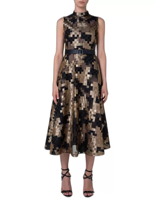 Metallic Abstract Jacquard Belted Midi Dres