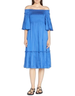 Andrea Pleated Off-the-Shoulder Midi Dres