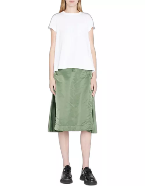 Taffeta Zip-Pleated Midi Skirt