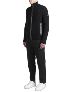 Men's Ribbed Leather-Trim Cardigan Sweater