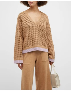 Deep V-Neck Contrast-Trim Sweater