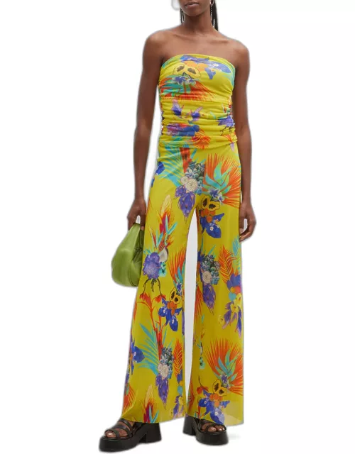 Strapless Floral-Print Tulle Jumpsuit