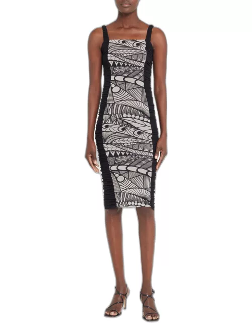 Ruched Abstract-Print Tulle Midi Dres