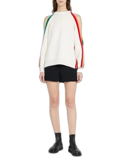 Rainbow-Trim Cold-Shoulder Wool Sweater