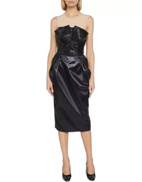 Strapless Faux Leather Gathered Midi Dres