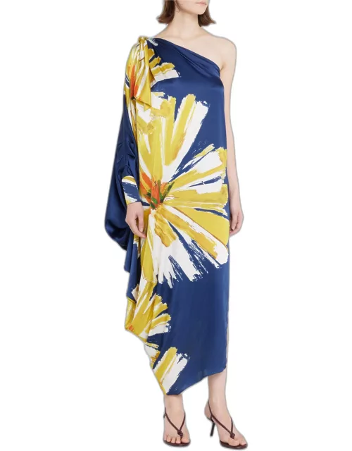 Crema Floral Silk One-Shoulder Tunic Dres