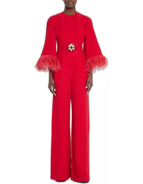 Feather-Cuff Belted Wide-Leg Jumpsuit