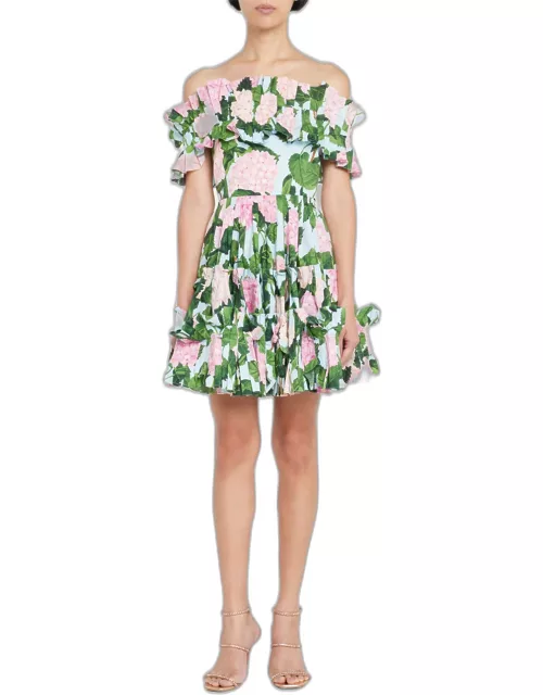 Off-Shoulder Hydrangea-Print Ruffled Mini Dres