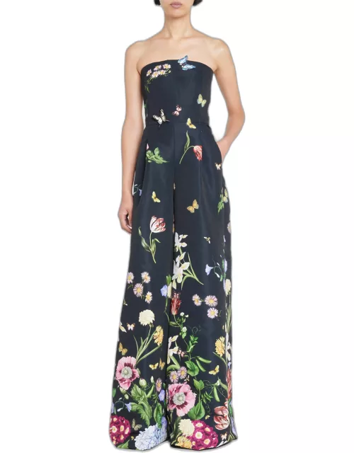Floral-Embroidered Strapless Faille Jumpsuit
