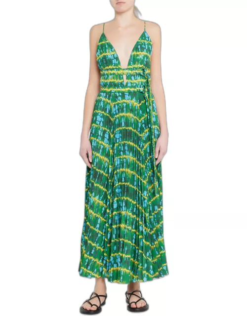 Winda Double-Belted Pleated Tie-Dyed Maxi Dres