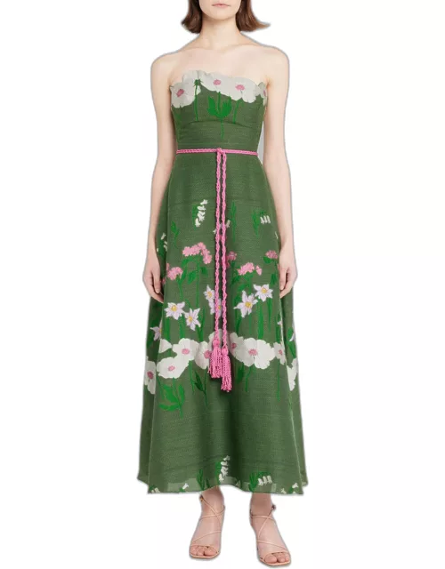 Strapless Floral Applique Midi Dress with Self-Tie Belt
