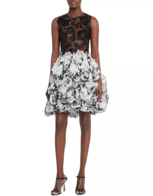 Black And White Floral Cocktail Dress with Mesh Bodice