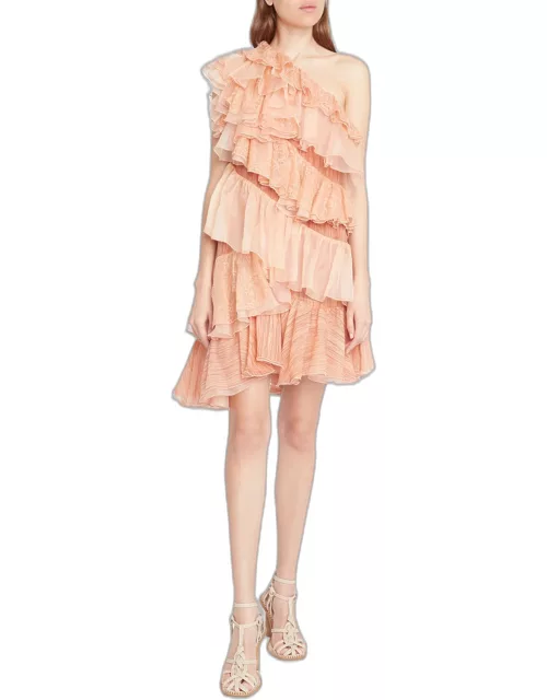 Leonie Chiffon Ruffle Lace One-Shoulder Dres