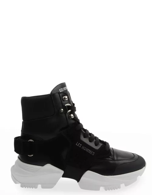Men's Mix-Leather Chunky High-Top Sneakers w/ Grip-Strap