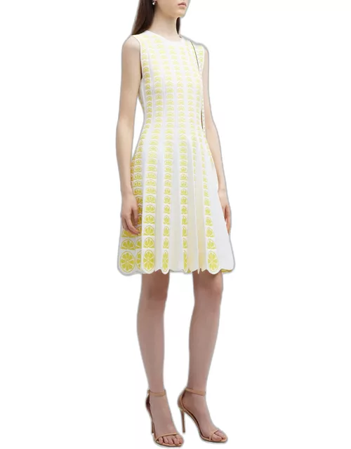 Pleated Short Dress with Lemon Embroidered Detail