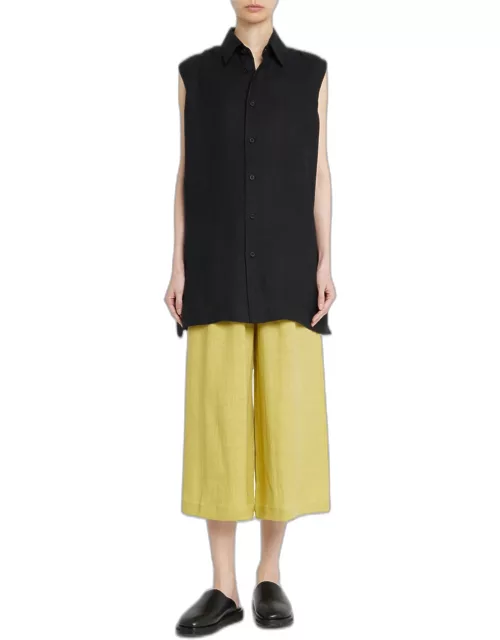 Slim A-Line Sleeveless Shirt with Collar and Side Slit Detail (Long Length)