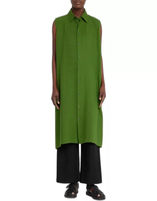 Slim A-Line Sleeveless Shirtdress with Collar and Side Slit Detai