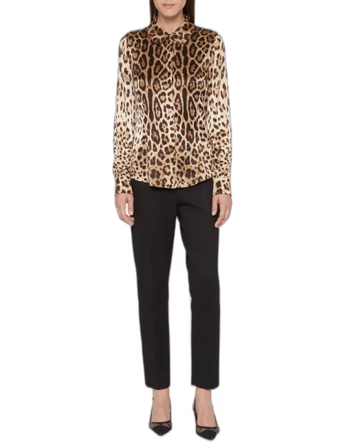 Leopard-Print Peter-Pan Collar Silk Shirt