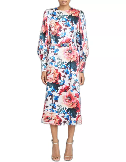 Floral-Print Belted Puff-Sleeve Silk Midi Dres