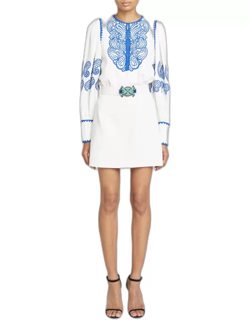Paisley-Embroidered Belted Mini Dres