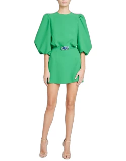 Balloon-Sleeve Belted Mini Dres