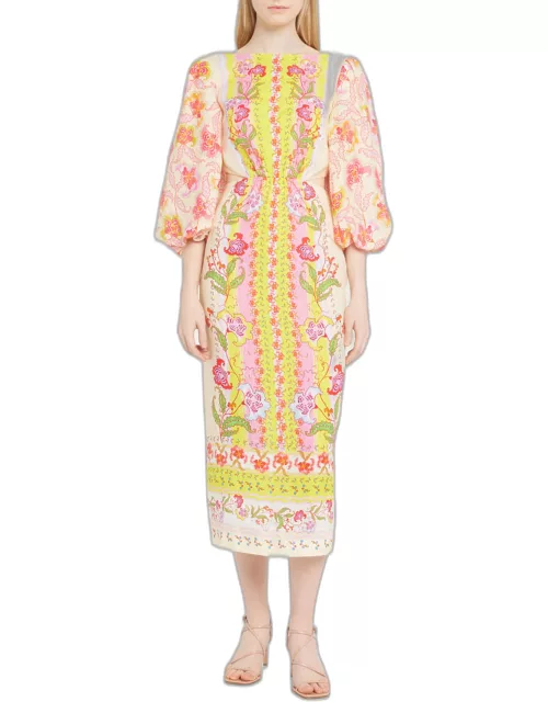 Neelam Puff-Sleeve Cutout Floral Linen Midi Dres