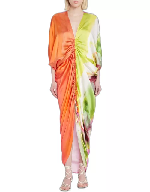 Cloister Watercolor-Print Ruched Midi Silk Dres
