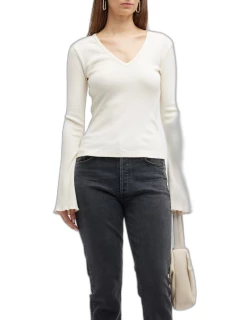 Anni Ribbed V-Neck Bell-Sleeve Tee
