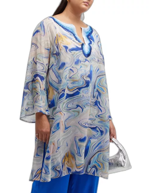 Valentina Marble-Print Embroidered Silk Tunic