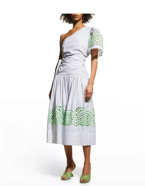 Magdalena One-Sleeve Embroidered Midi Dres