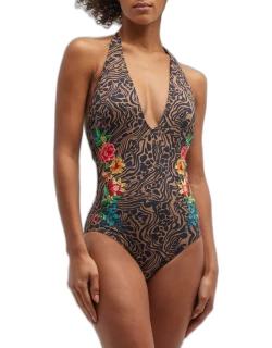 Halter Embroidered One-Piece Swimsuit