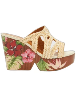 Delila Flower-Print Raffia Platform Sandal