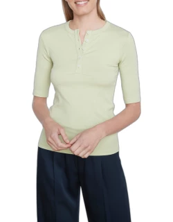 Ribbed Elbow-Sleeve Henley Top