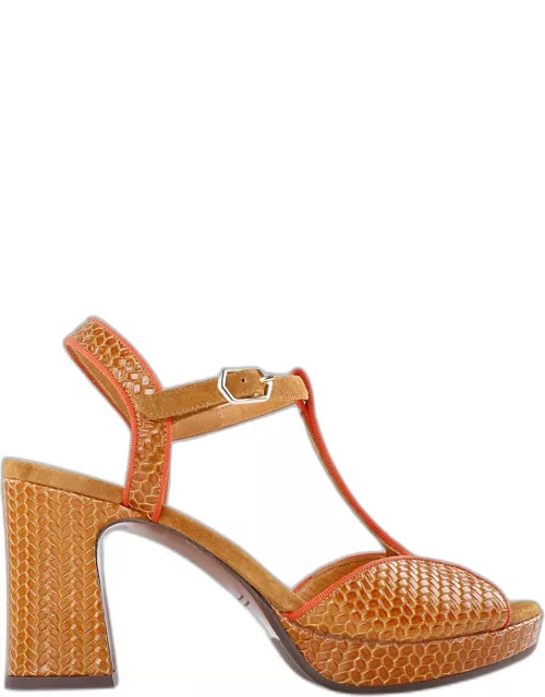 Keduni Heeled Leather Sandals w/ Contrast Piping