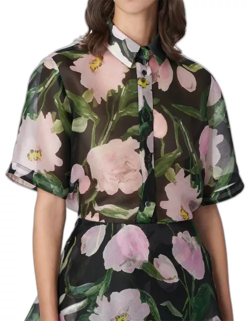 Floral-Print Shirt-Sleeve Silk Collared Shirt