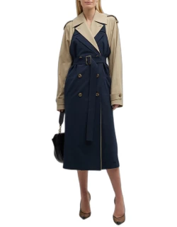 Bricolage Double-Breasted Bicolor Belted Trench Coat