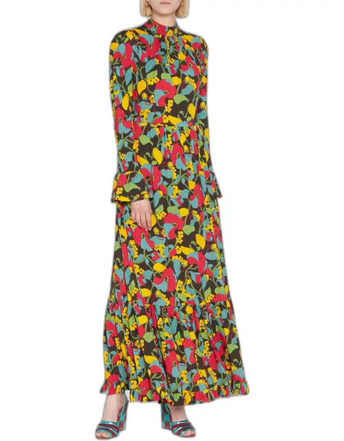 Visconti Floral-Print Puff-Sleeve Tiered Maxi Dres
