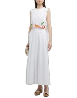 Pleated Midi Dress with Fruit Embroidery
