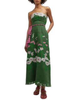 Strapless Floral Applique Midi Dress with Self-Tie Belt